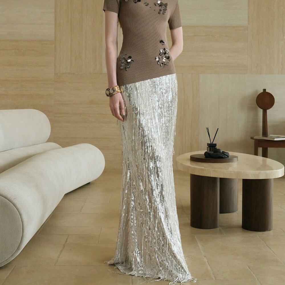 Silver Party Women's Sequin Fringe Mermaid maxi skirt - Picture 4 of 7